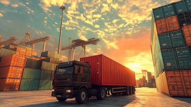 cargo truck at sunset port free photo