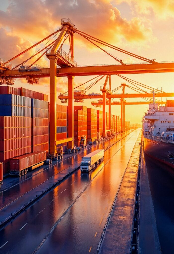 shipping port sunset with cargo containers 23 2151989583